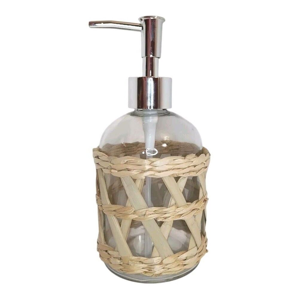 Clear Decorative Glass Silver Plastic Soap Dispenser Removable Woven Tan Raffia